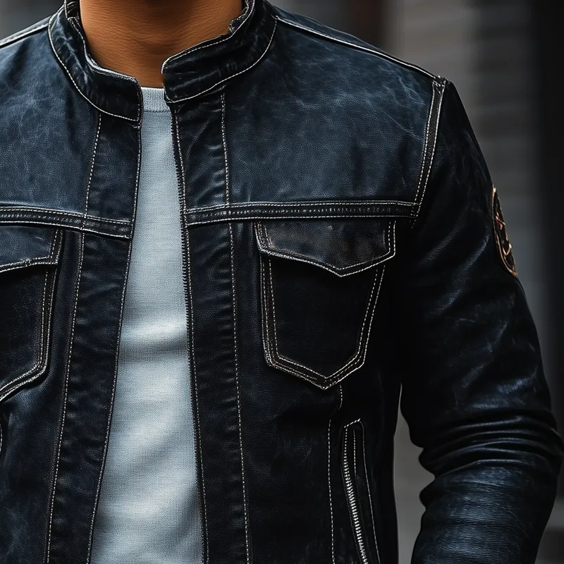 Men's Vintage Motorcycle Stand Collar Zip-Up Jacket MTA1952H9X sold by Manly product image thumbnail 3