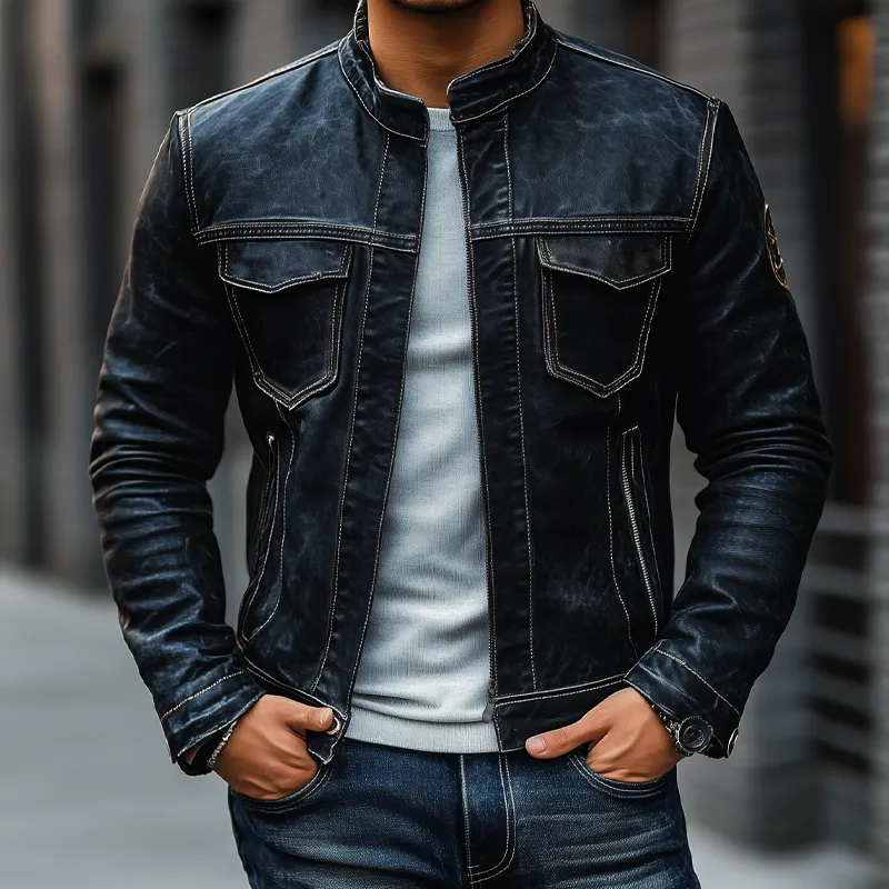 Men's Vintage Motorcycle Stand Collar Zip-Up Jacket MTA1952H9X sold by Manly product image thumbnail 2