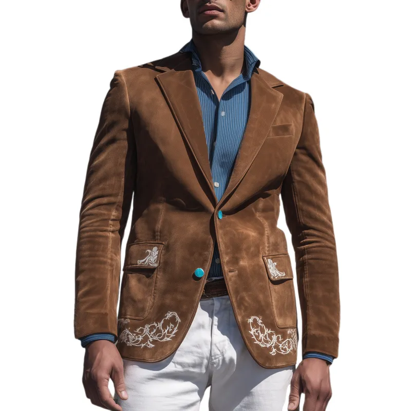 Men's Classic American Retro Western Embroidered Suede Single-breasted Blazer MTA1917H8K sold by Manly