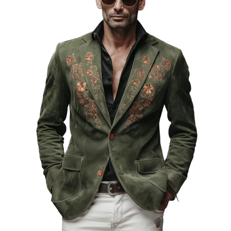 Men's Classic Vintage Embroidered Suede Single-Breasted Blazer MTA1928H7K sold by Manly