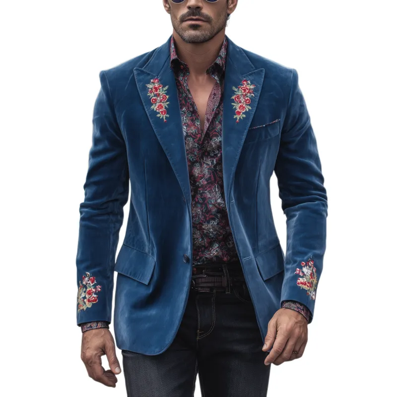 Men's Classic American Retro Western Style Embroidered Suede Single-breasted Blazer MTA1920H5K sold by Manly
