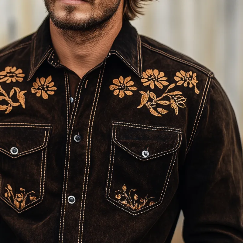 Men's Vintage Western Cowboy Suede Embroidered Long Sleeve Shirt MTA2075H1X sold by Manly product image thumbnail 4