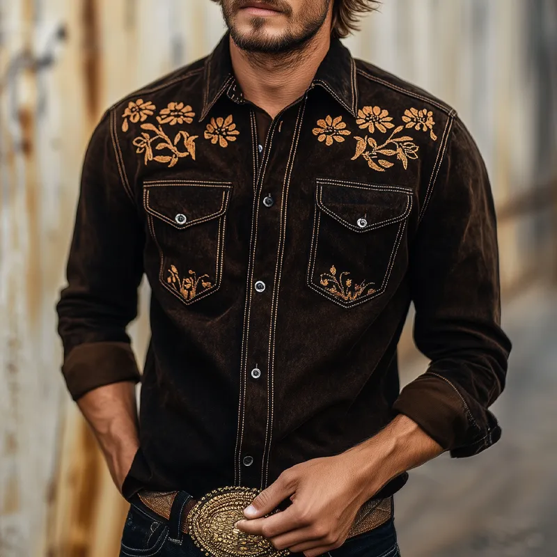Men's Vintage Western Cowboy Suede Embroidered Long Sleeve Shirt MTA2075H1X sold by Manly product image thumbnail 3