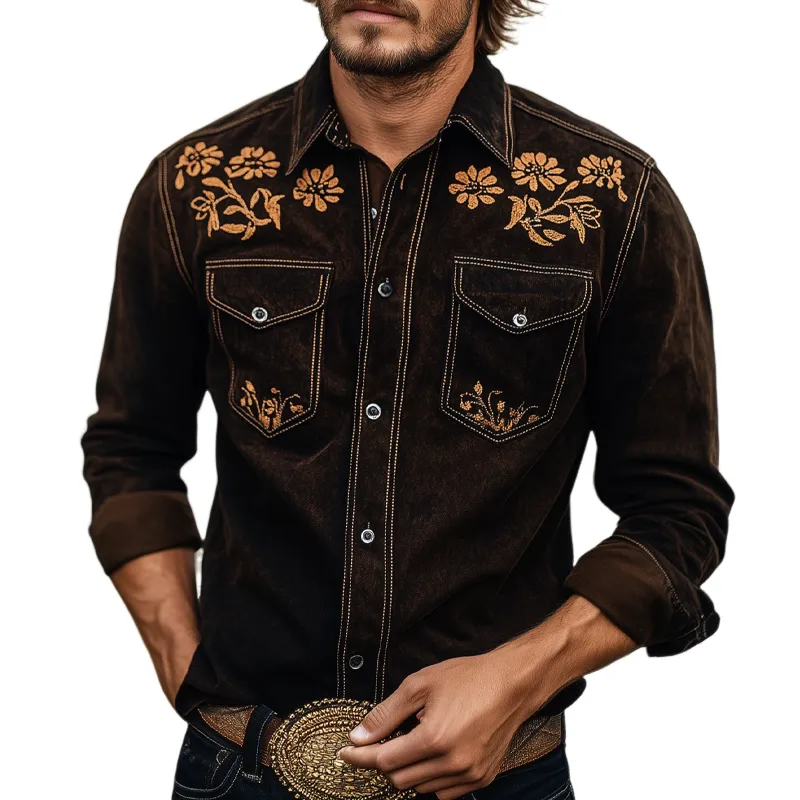 Men's Vintage Western Cowboy Suede Embroidered Long Sleeve Shirt MTA2075H1X sold by Manly