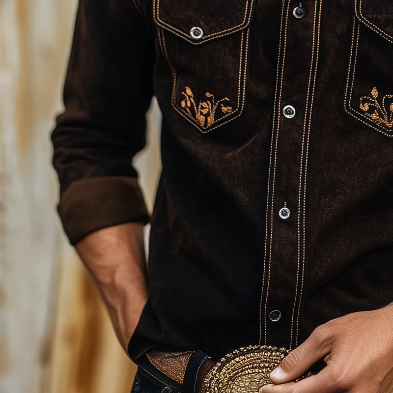 Men's Vintage Western Cowboy Suede Embroidered Long Sleeve Shirt MTA2075H1X sold by Manly product image thumbnail 5
