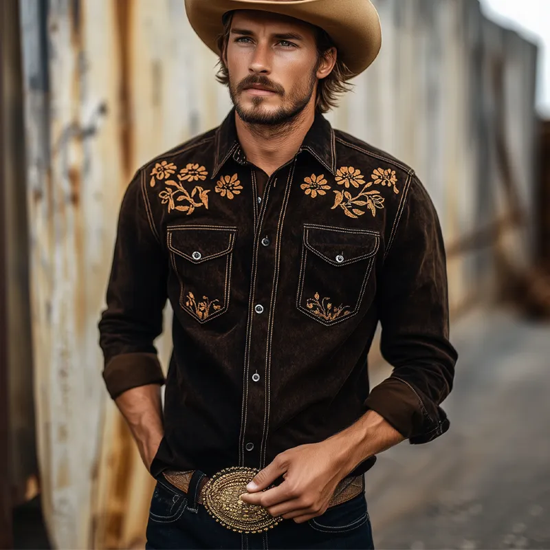Men's Vintage Western Cowboy Suede Embroidered Long Sleeve Shirt MTA2075H1X sold by Manly product image thumbnail 2