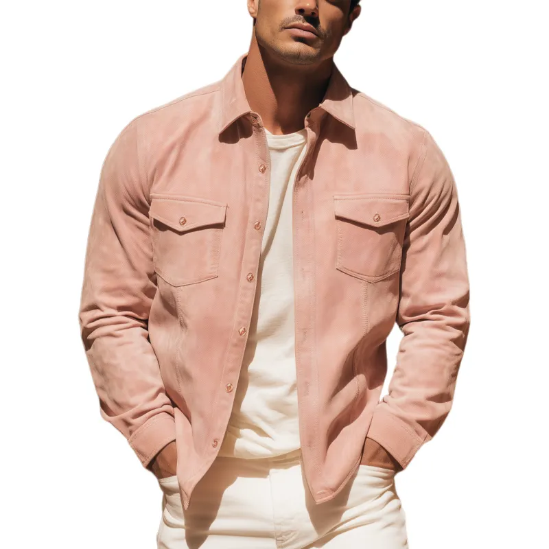 Men's Classic Casual Pink Suede Slim-fit Long-sleeved Shirt MTA2251H4K sold by Manly