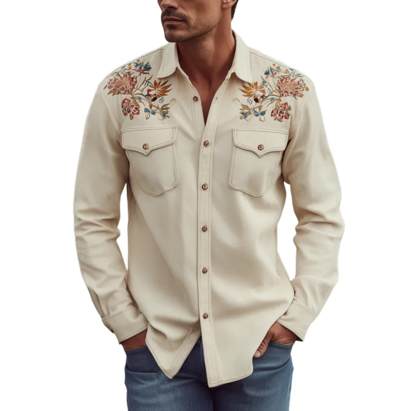 Men's Classic Retro Shoulder Embroidered Suede Slim Long Sleeve Shirt MTA2068H0K sold by Manly