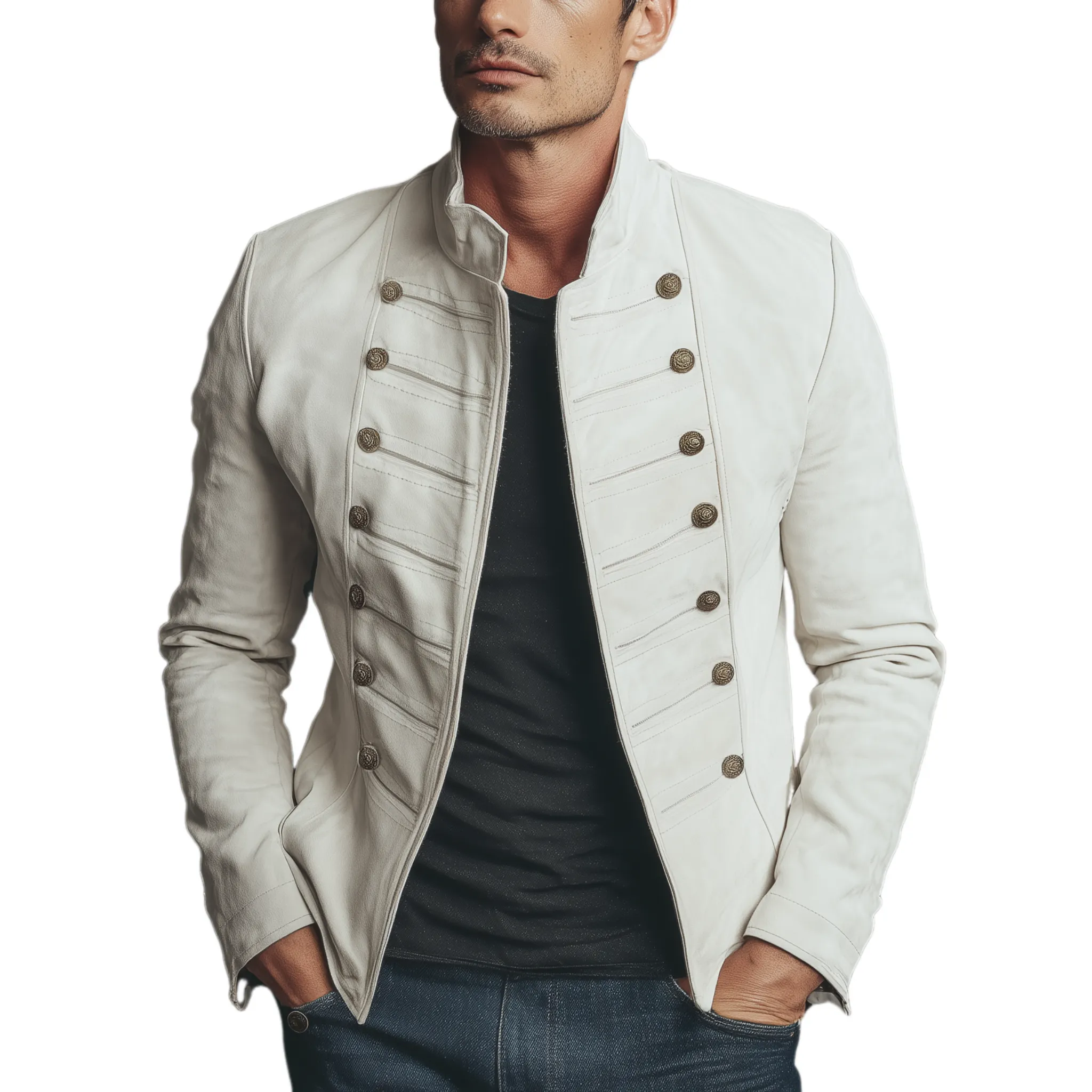 Men's Classic Retro Stand Collar Double-breasted Suede Slim-fit Jacket MTA2269H0K sold by Manly
