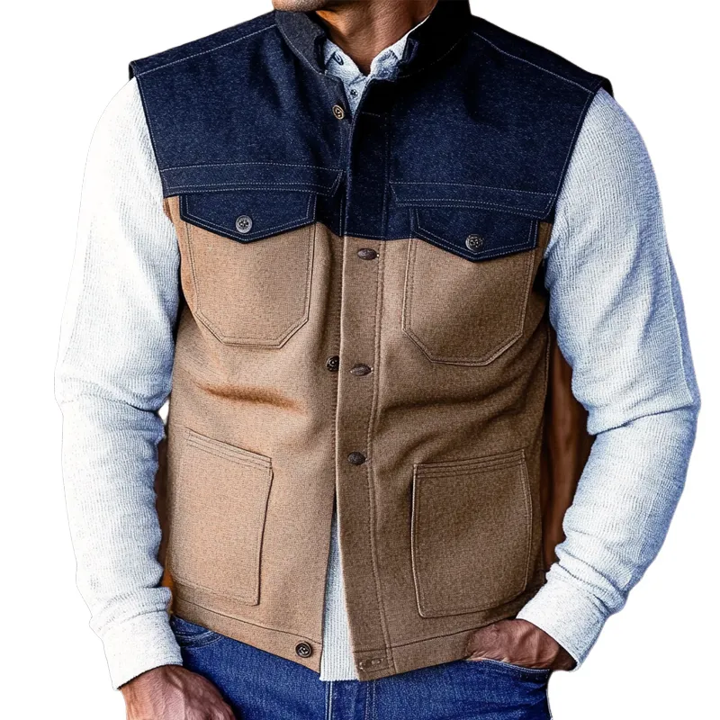 Men's Retro Colorblock Stand Collar Denim Vest MTA2284H0X sold by Manly