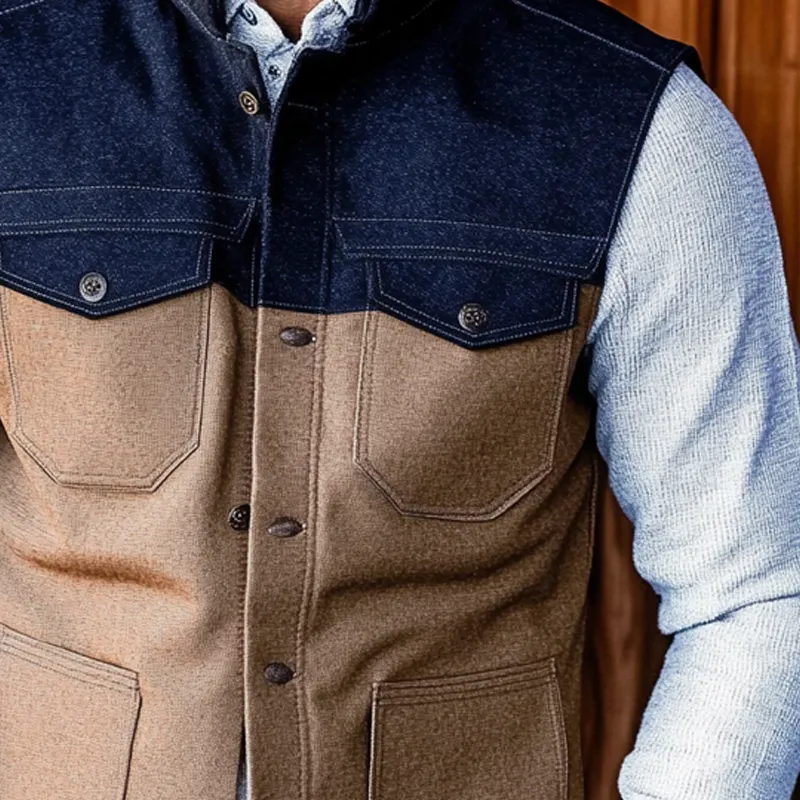 Men's Retro Colorblock Stand Collar Denim Vest MTA2284H0X sold by Manly product image thumbnail 3