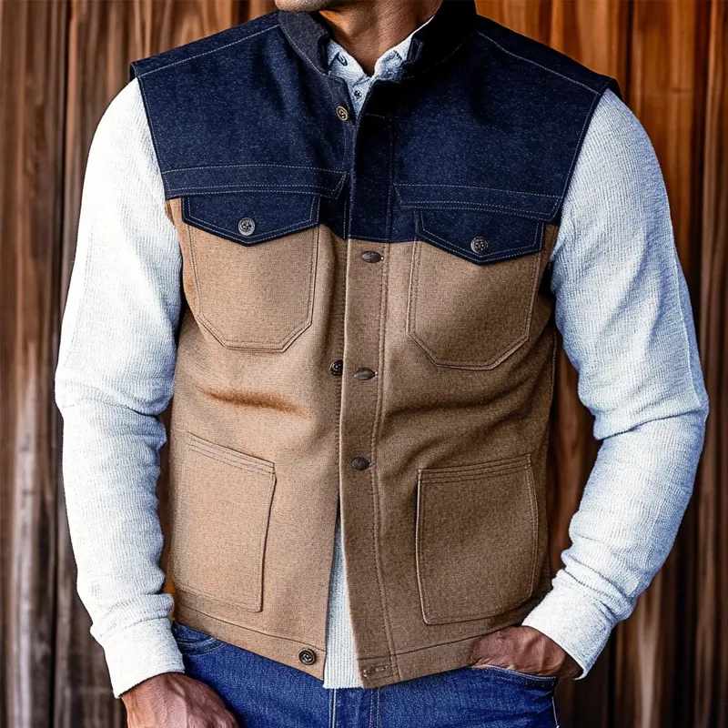 Men's Retro Colorblock Stand Collar Denim Vest MTA2284H0X sold by Manly product image thumbnail 2