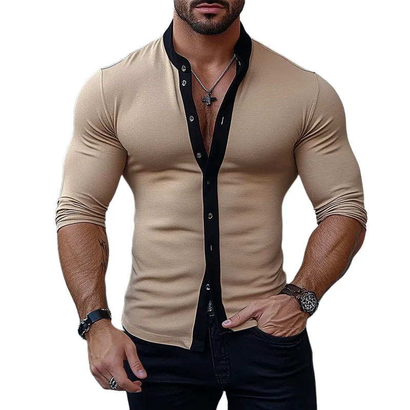 Men's Contrast Color Cotton Blend Single-breasted Stand Collar Long-sleeved Shirt MTA2097H3X sold by Manly
