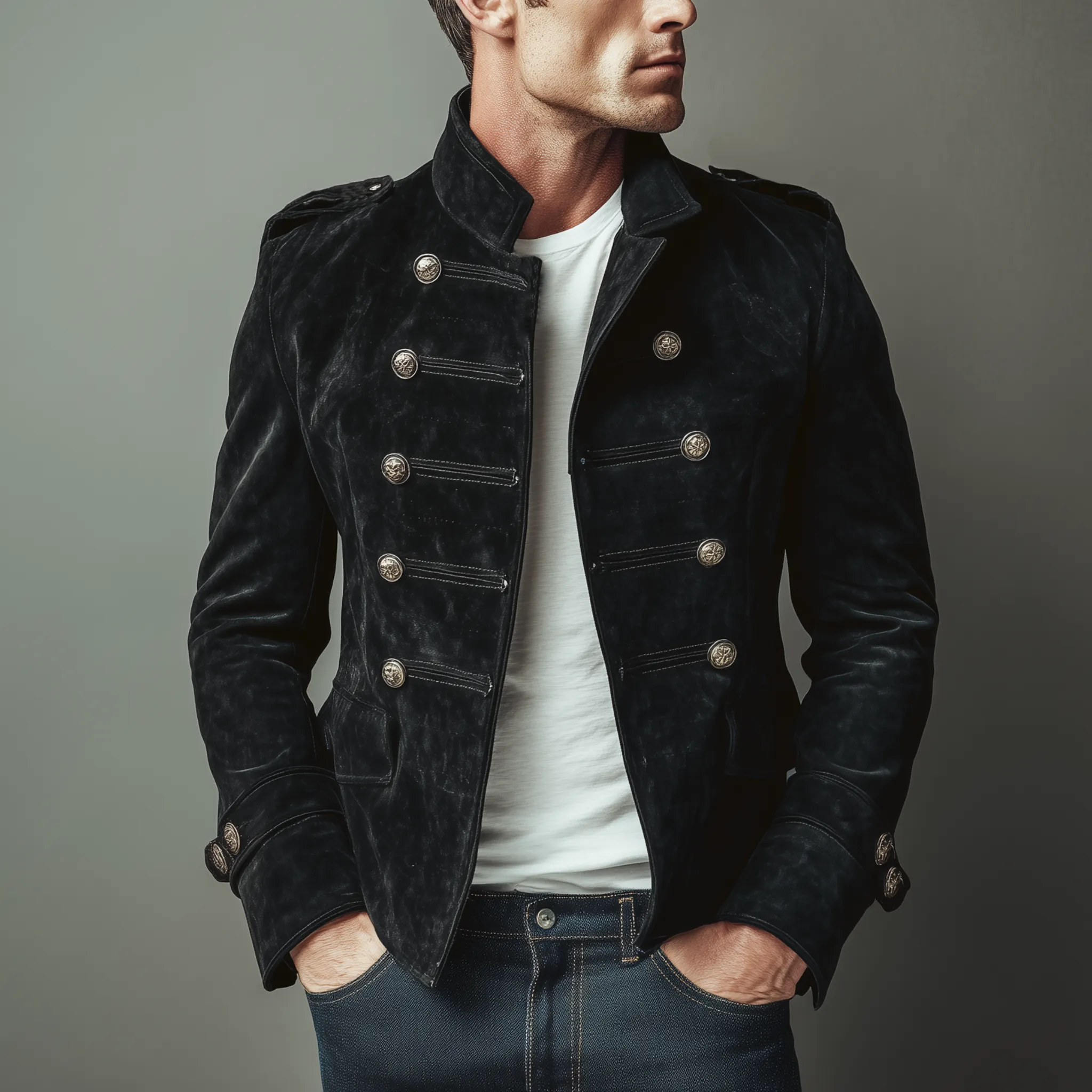 Men's Classic Retro Stand Collar Faux Suede Double-breasted Slim-fit Jacket MTA2282H6K sold by Manly product image thumbnail 2