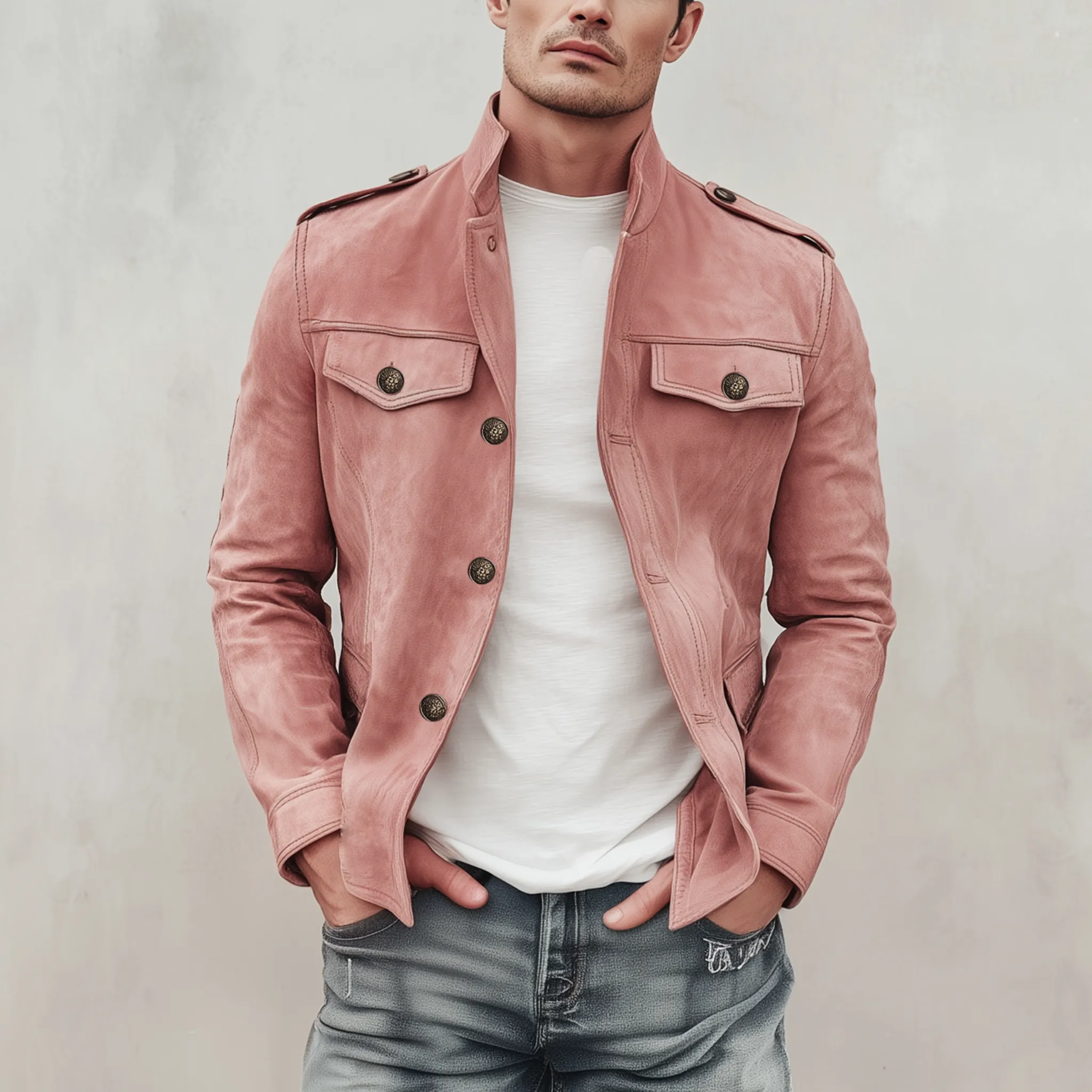 Men's Classic Retro Stand Collar Multi-pocket Pink Suede Slim Jacket MTA2232H7K sold by Manly product image thumbnail 2