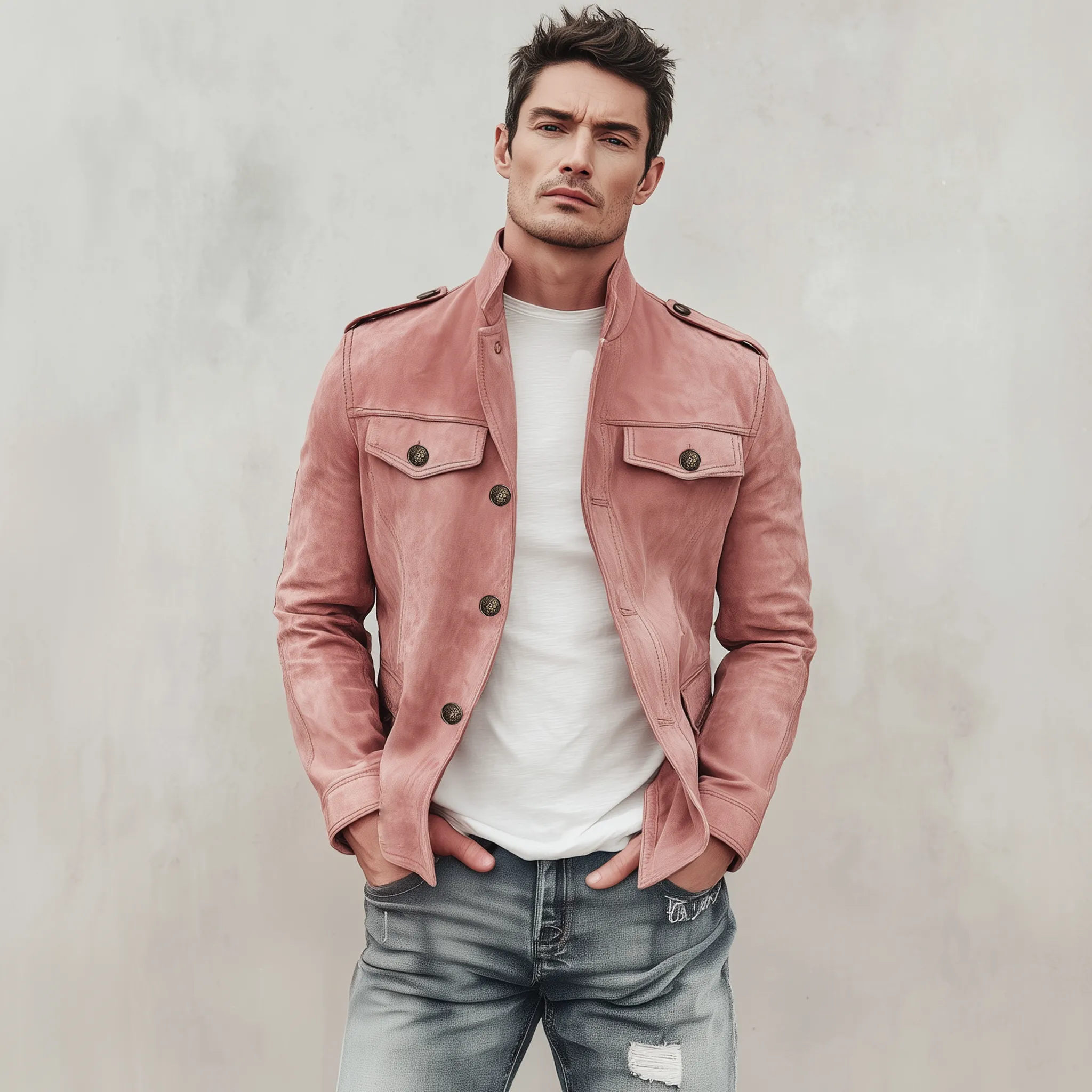 Men's Classic Retro Stand Collar Multi-pocket Pink Suede Slim Jacket MTA2232H7K sold by Manly product image thumbnail 3