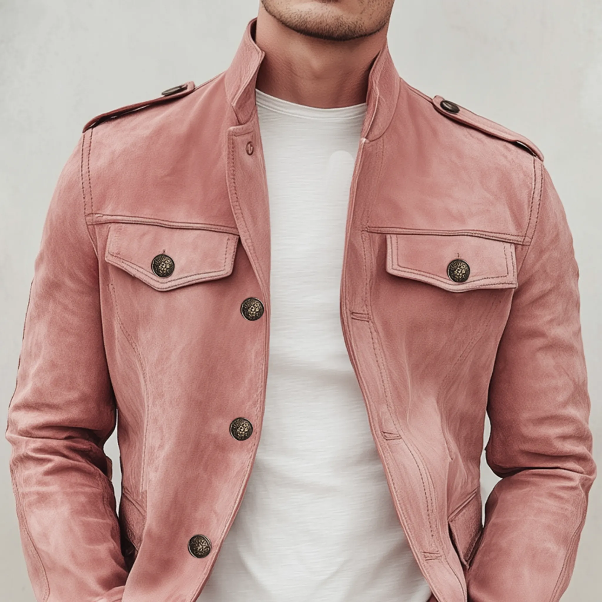 Men's Classic Retro Stand Collar Multi-pocket Pink Suede Slim Jacket MTA2232H7K sold by Manly product image thumbnail 4