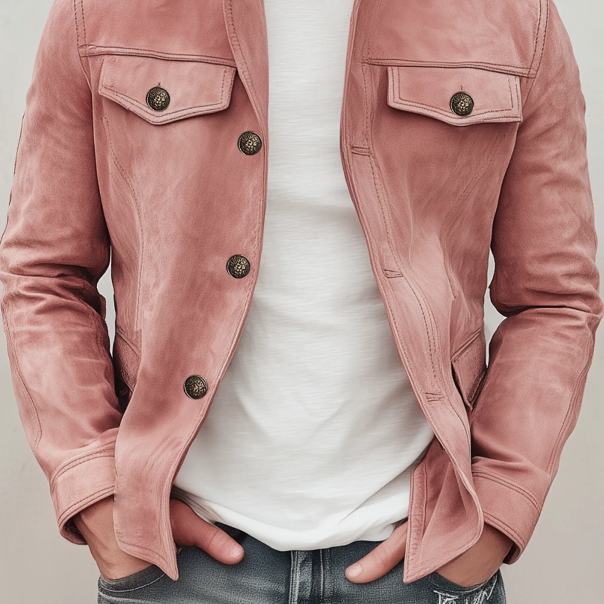 Men's Classic Retro Stand Collar Multi-pocket Pink Suede Slim Jacket MTA2232H7K sold by Manly product image thumbnail 5