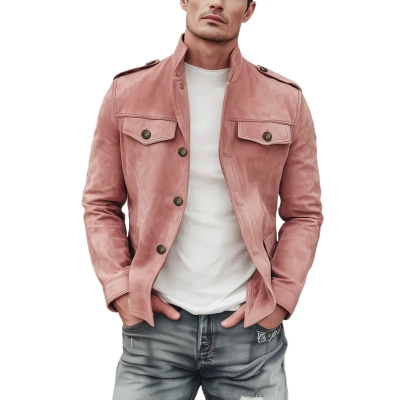 Men's Classic Retro Stand Collar Multi-pocket Pink Suede Slim Jacket MTA2232H7K sold by Manly