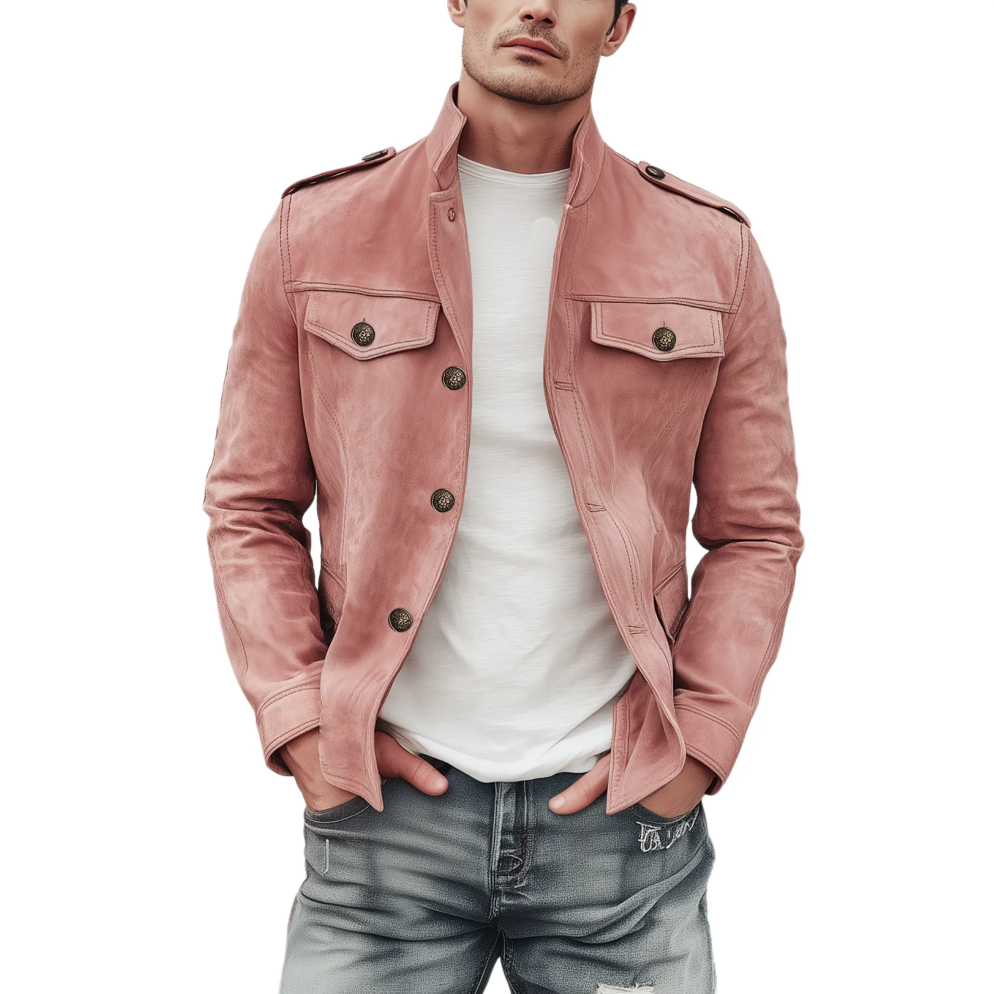 Men's Classic Retro Stand Collar Multi-pocket Pink Suede Slim Jacket MTA2232H7K sold by Manly