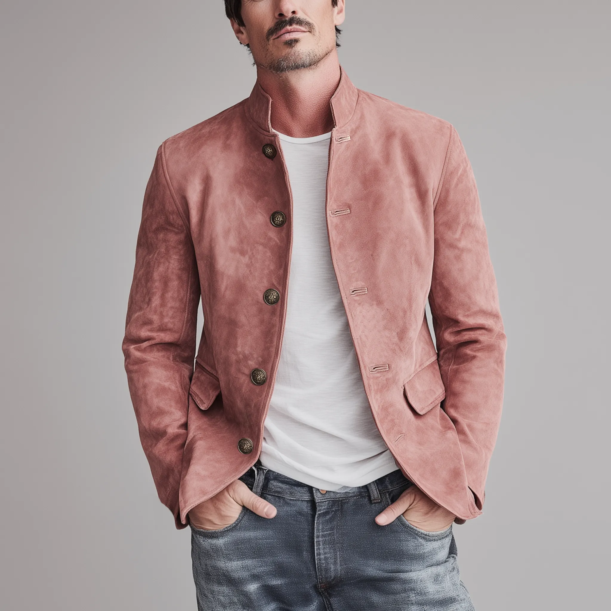 Men's Classic Retro Stand Collar Pink Suede Slim Jacket MTA2272H9K sold by Manly product image thumbnail 2