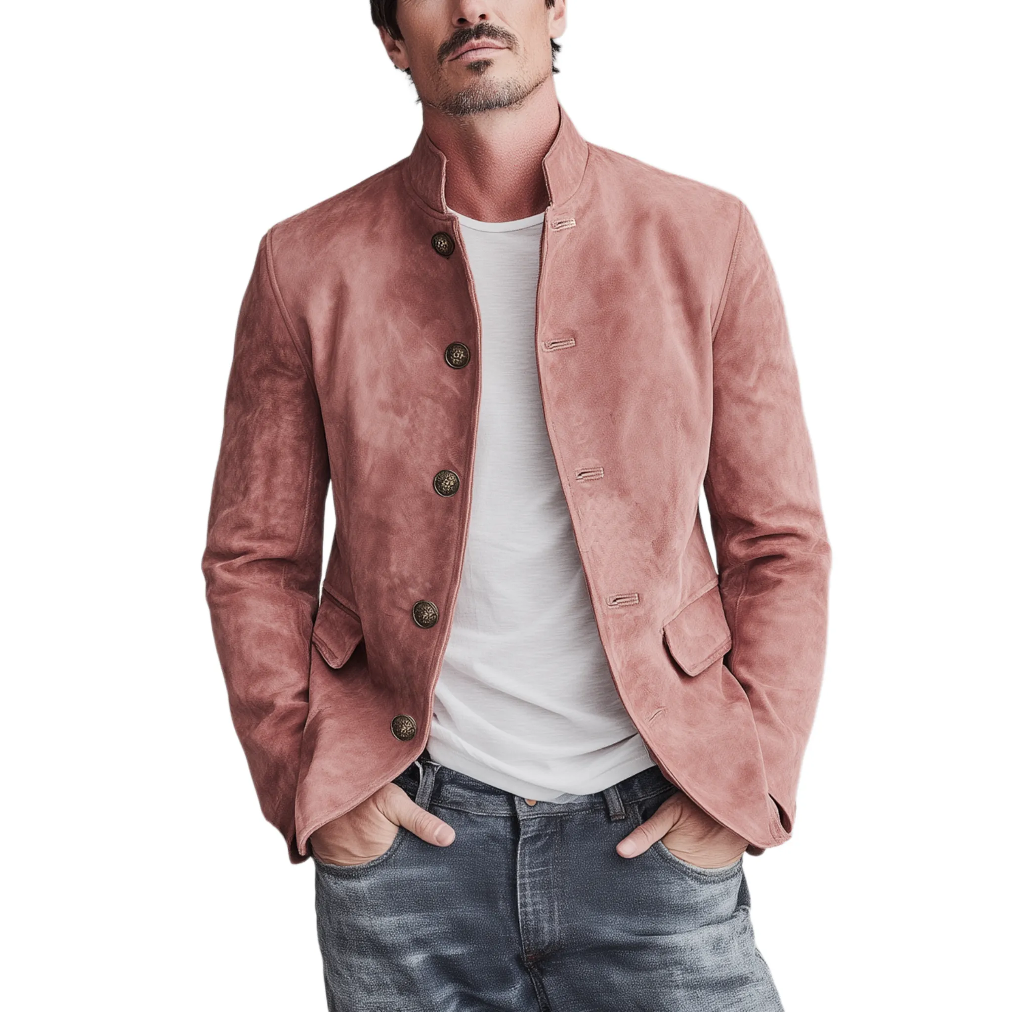 Men's Classic Retro Stand Collar Pink Suede Slim Jacket MTA2272H9K sold by Manly
