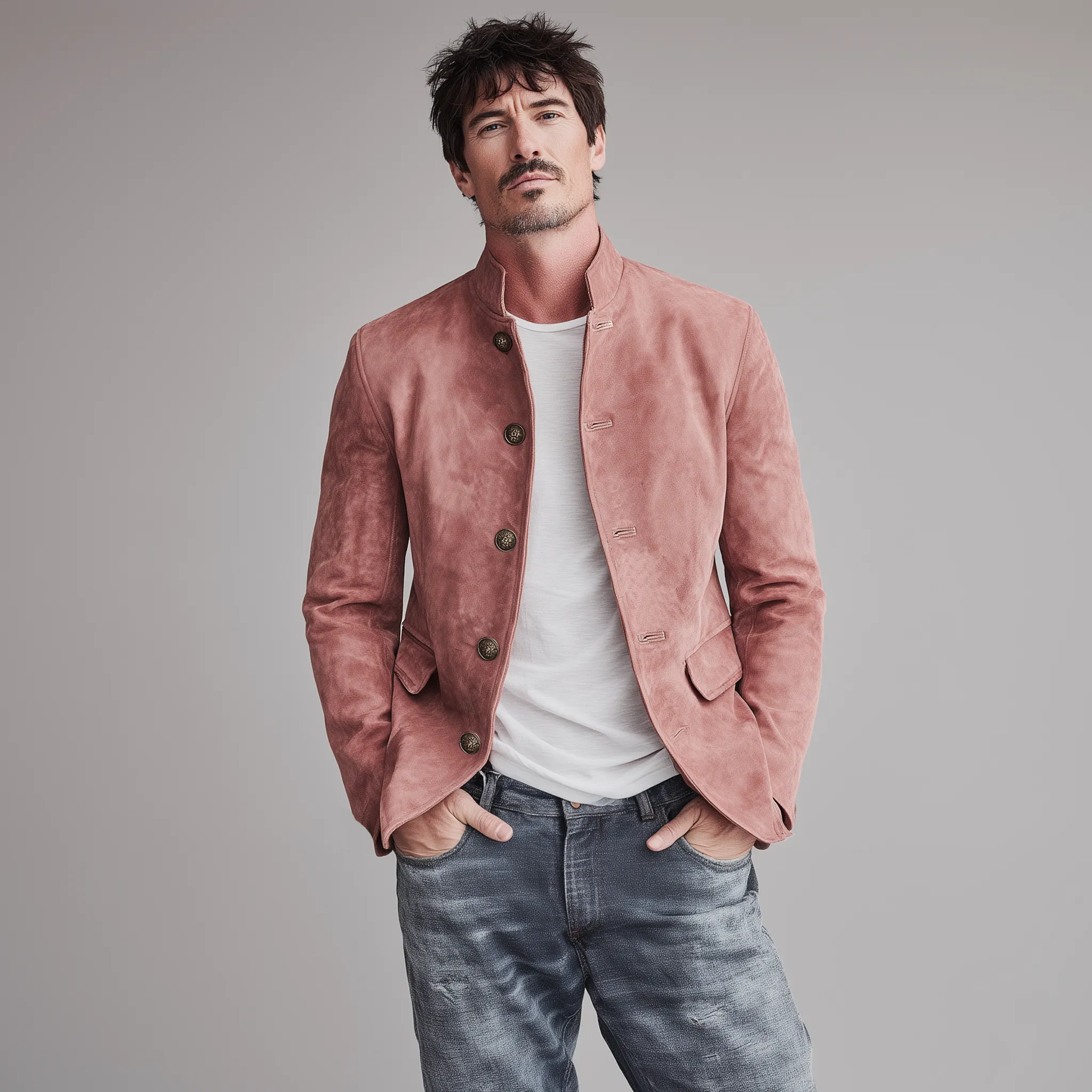 Men's Classic Retro Stand Collar Pink Suede Slim Jacket MTA2272H9K sold by Manly product image thumbnail 3