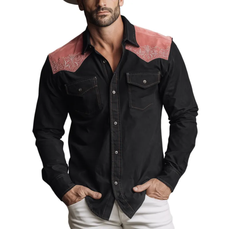 Men's Classic Retro Western Style Shoulder Pink Suede Embroidery Patchwork Cotton Blend Long Sleeve Shirt MTA2239H3K sold by Manly