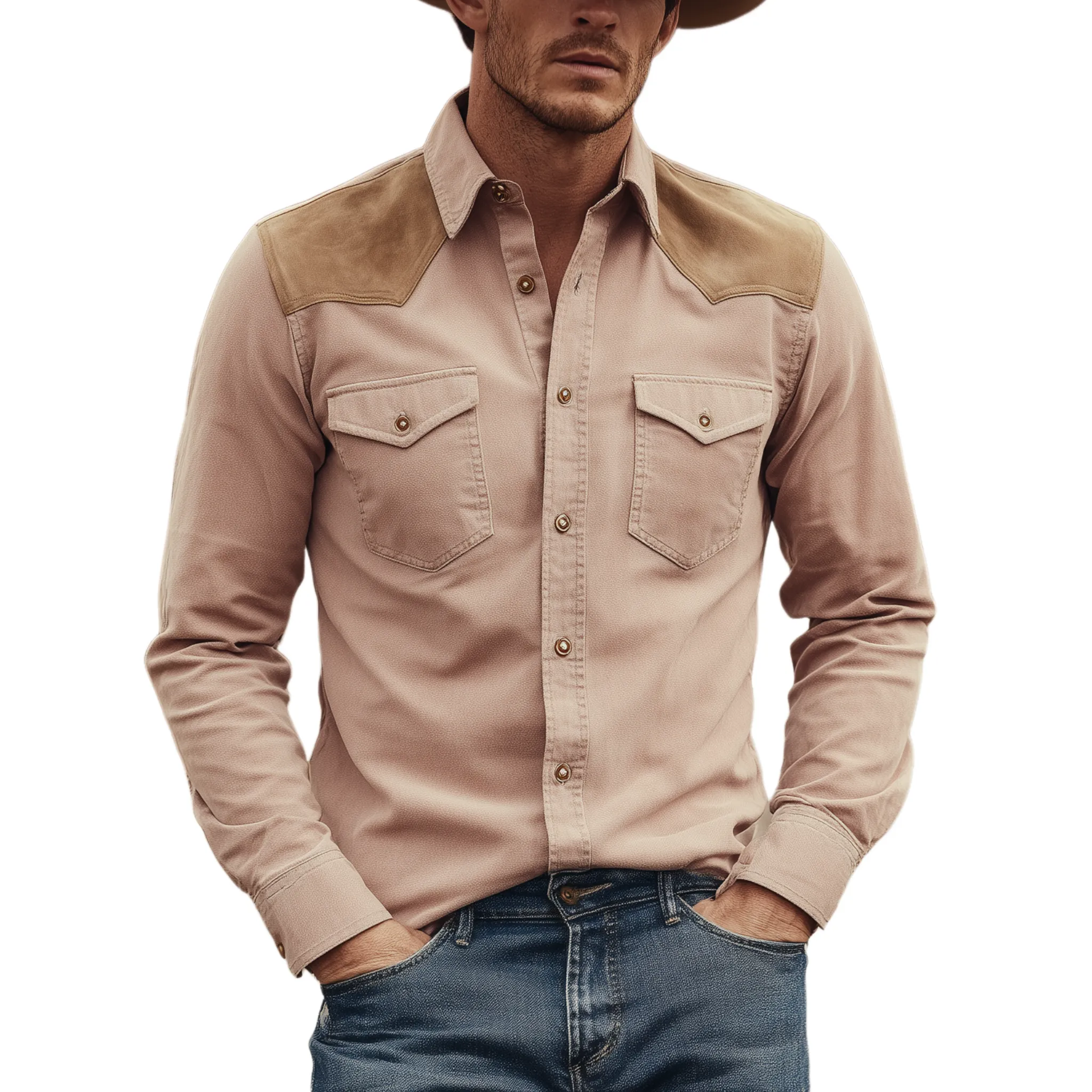 Men's Classic Retro Western Style Suede Shoulder Patchwork Pink Cotton Blend Long Sleeve Shirt MTA2220H2K sold by Manly