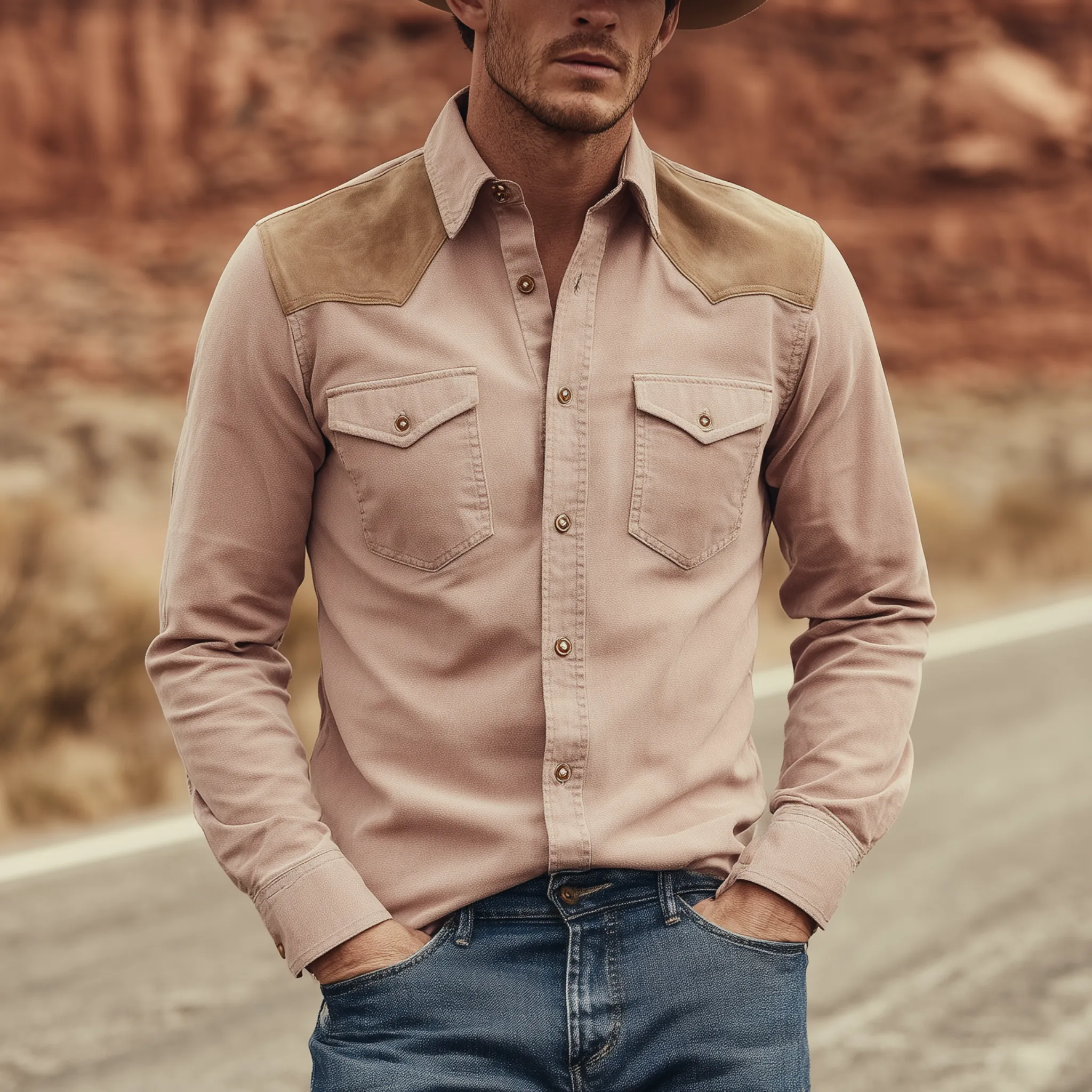 Men's Classic Retro Western Style Suede Shoulder Patchwork Pink Cotton Blend Long Sleeve Shirt MTA2220H2K sold by Manly product image thumbnail 2
