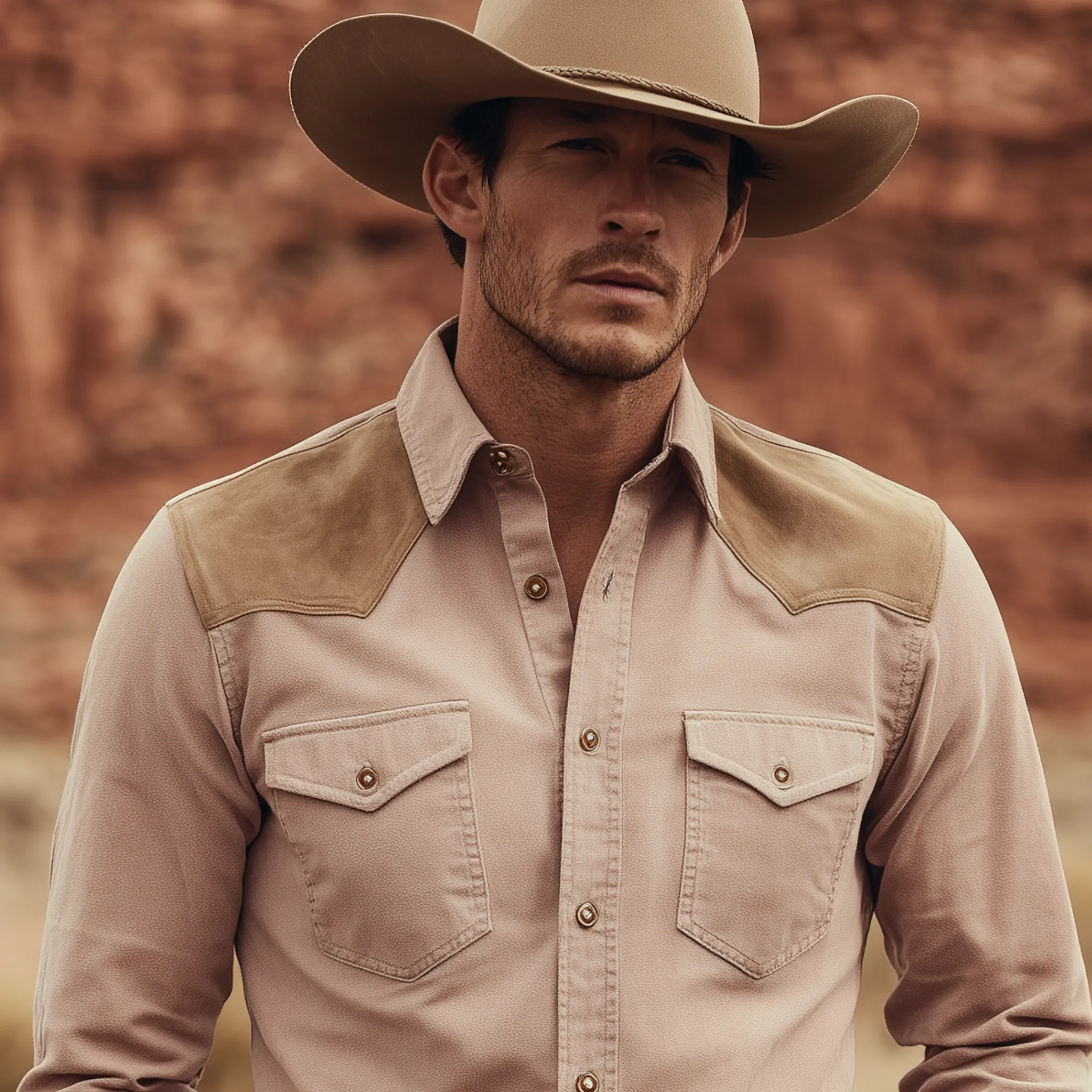 Men's Classic Retro Western Style Suede Shoulder Patchwork Pink Cotton Blend Long Sleeve Shirt MTA2220H2K sold by Manly product image thumbnail 4