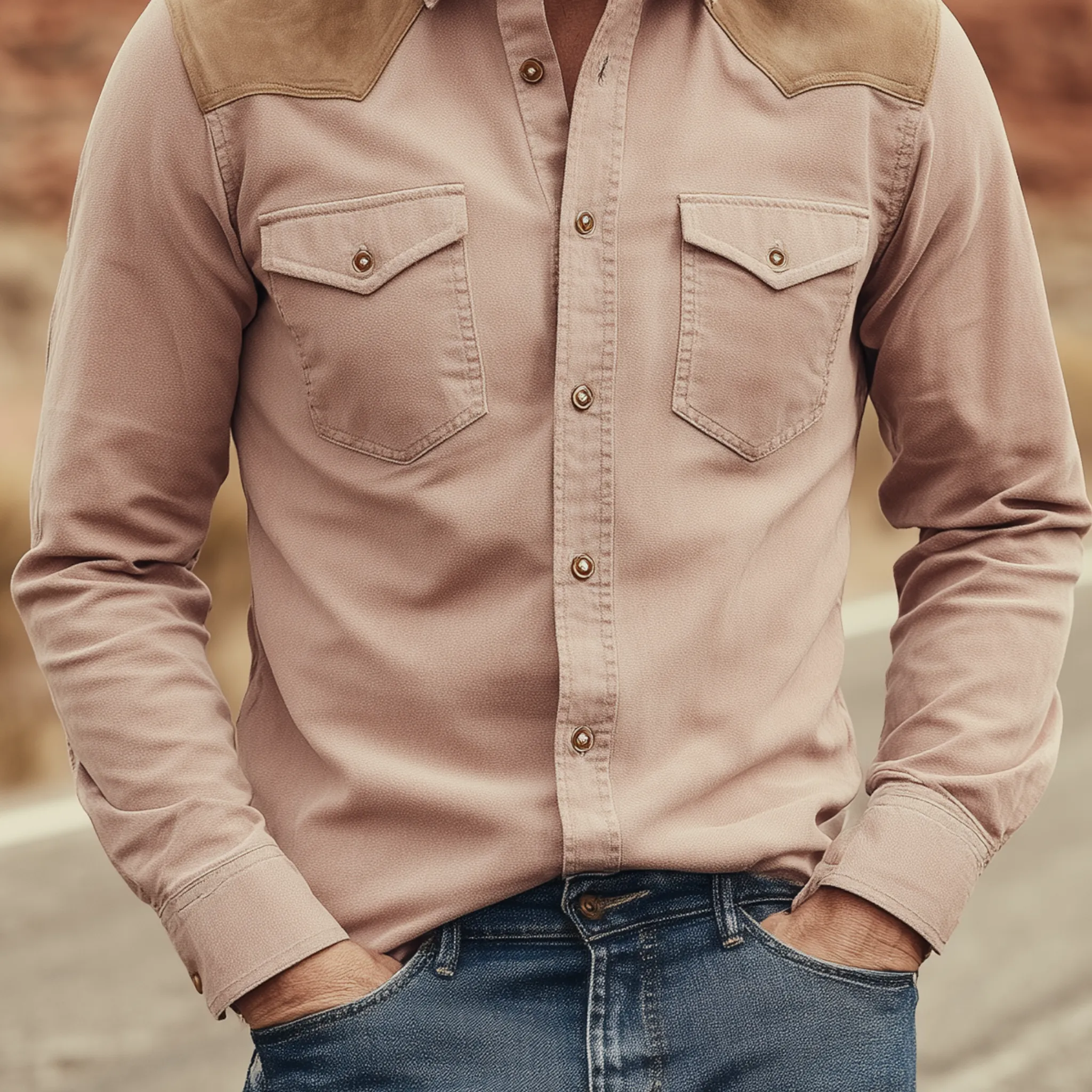 Men's Classic Retro Western Style Suede Shoulder Patchwork Pink Cotton Blend Long Sleeve Shirt MTA2220H2K sold by Manly product image thumbnail 5
