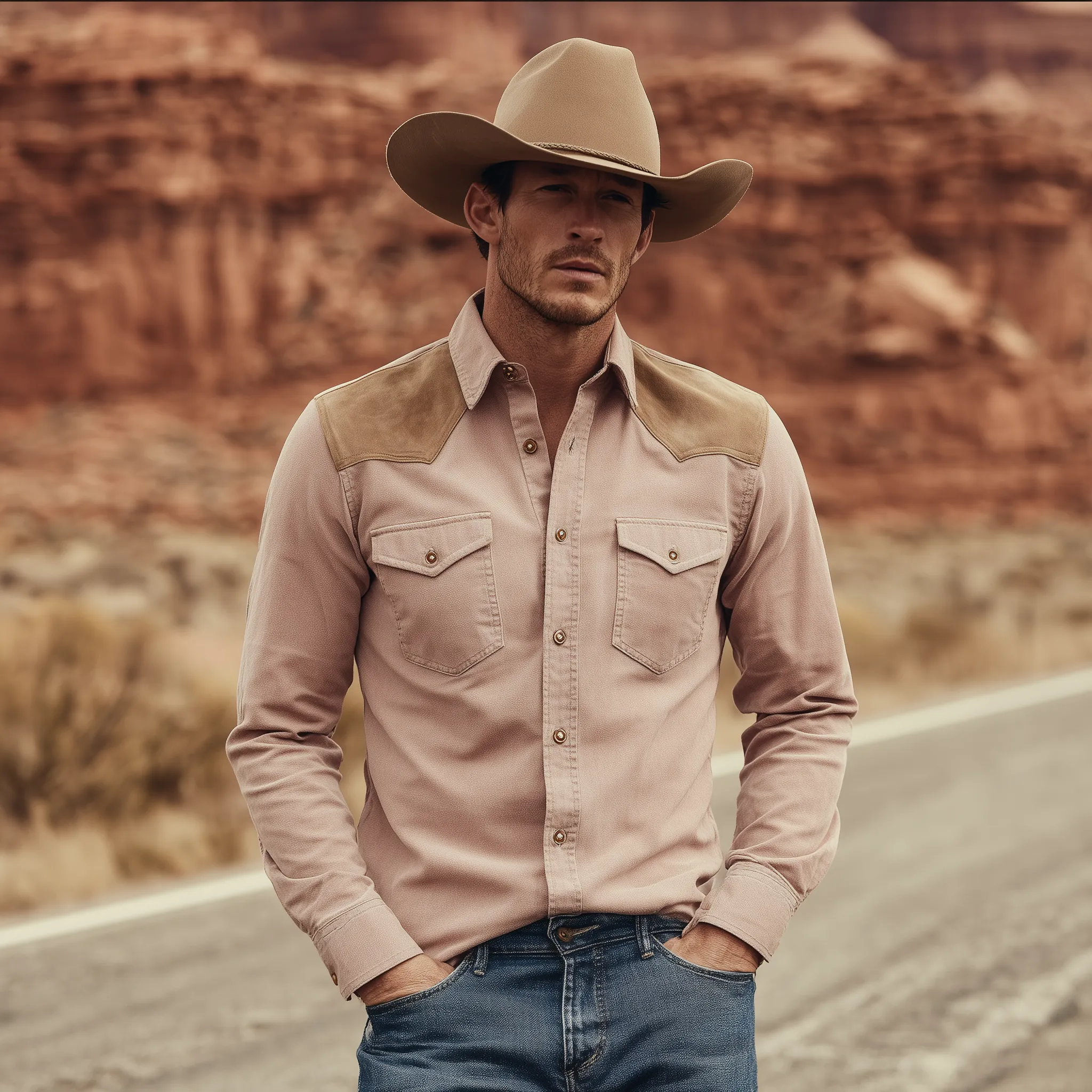 Men's Classic Retro Western Style Suede Shoulder Patchwork Pink Cotton Blend Long Sleeve Shirt MTA2220H2K sold by Manly product image thumbnail 3
