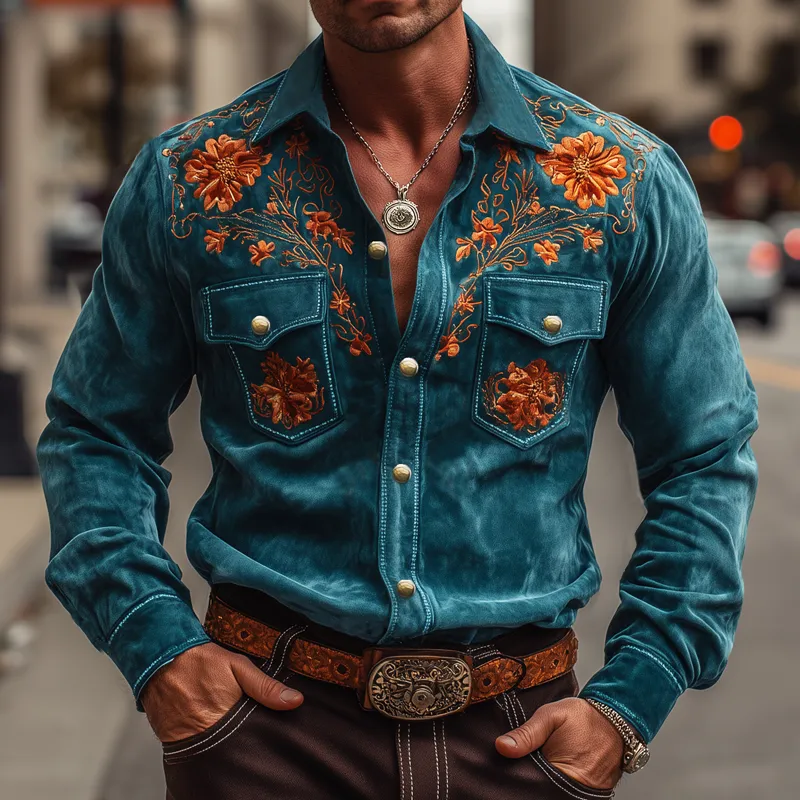 Men's Vintage Floral Embroidered Suede Long Sleeve Shirt MTA2280H1U sold by Manly product image thumbnail 2