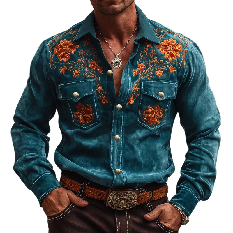 Men's Vintage Floral Embroidered Suede Long Sleeve Shirt MTA2280H1U sold by Manly