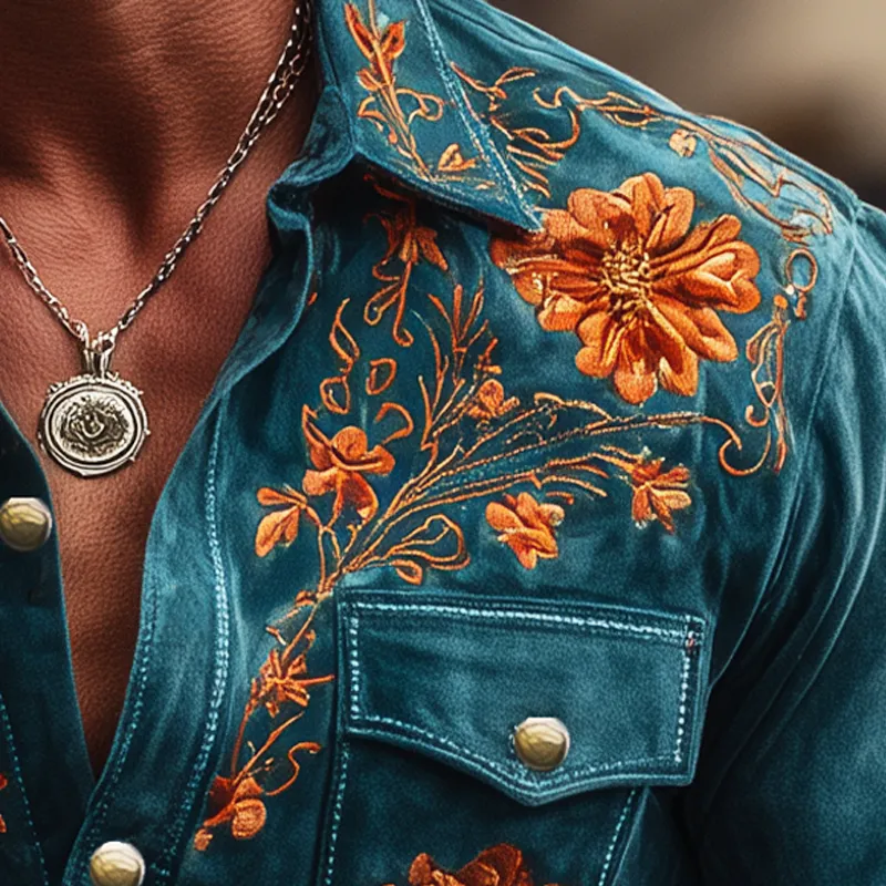 Men's Vintage Floral Embroidered Suede Long Sleeve Shirt MTA2280H1U sold by Manly product image thumbnail 3
