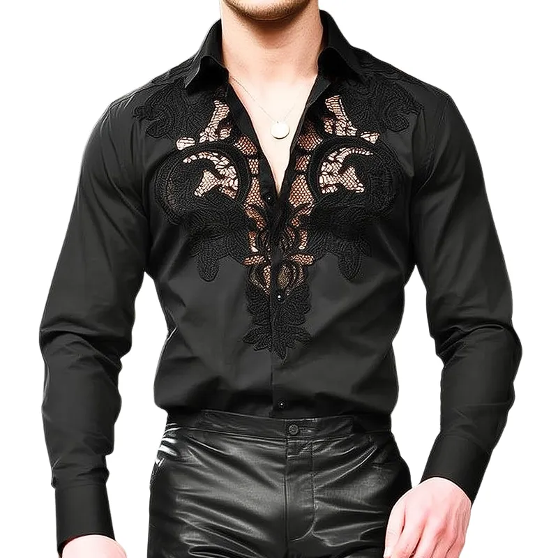 Men's Retro Black Embroidered Long Sleeve Shirt MTA2194H0U sold by Manly