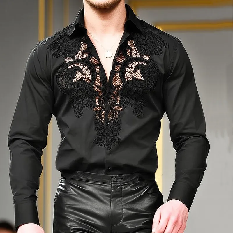Men's Retro Black Embroidered Long Sleeve Shirt MTA2194H0U sold by Manly product image thumbnail 2