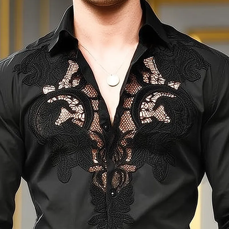 Men's Retro Black Embroidered Long Sleeve Shirt MTA2194H0U sold by Manly product image thumbnail 3