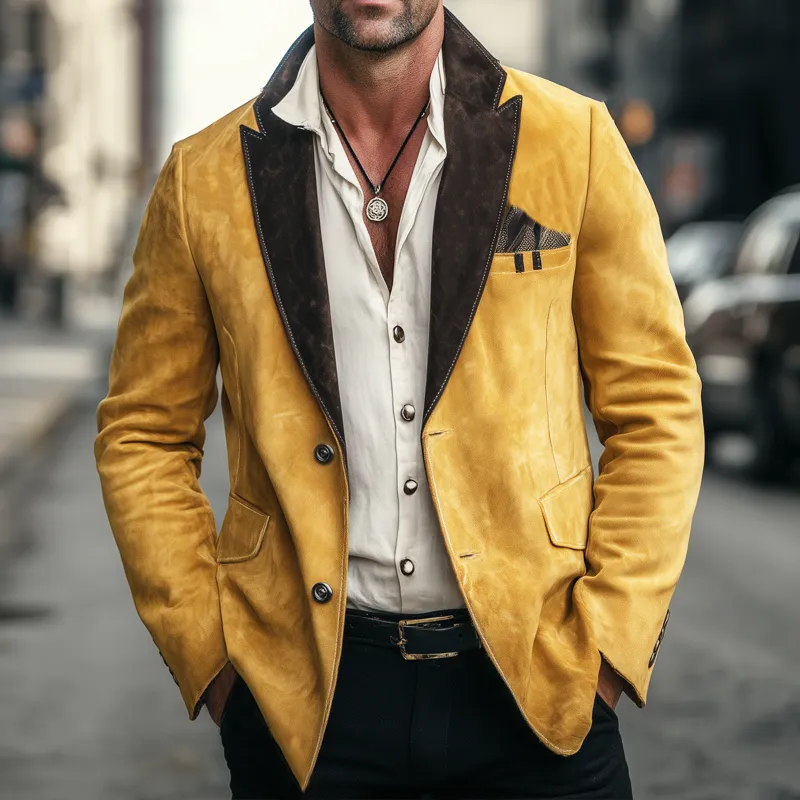 Men's Vintage Suede Colorblock Collar Two-Button Blazer MTA2271H0U sold by Manly product image thumbnail 2