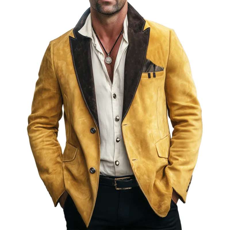 Men's Vintage Suede Colorblock Collar Two-Button Blazer MTA2271H0U sold by Manly