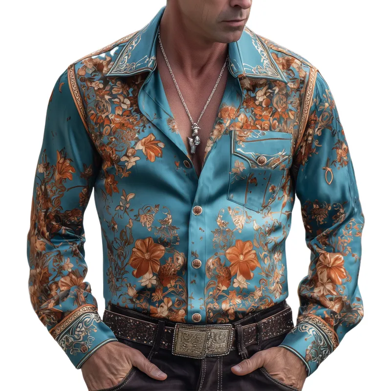 Men's Vintage Floral Print Satin Long Sleeve Shirt MTA2289H4U sold by Manly