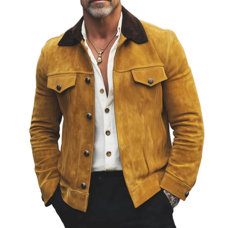 Men's Vintage Colorblock Collar Button Suede Jacket MTA2224H5U sold by Manly