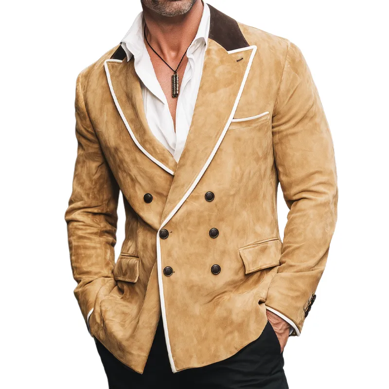 Men's Retro Colorblock Collar Double-Breasted Suede Blazer MTA2283H2U sold by Manly
