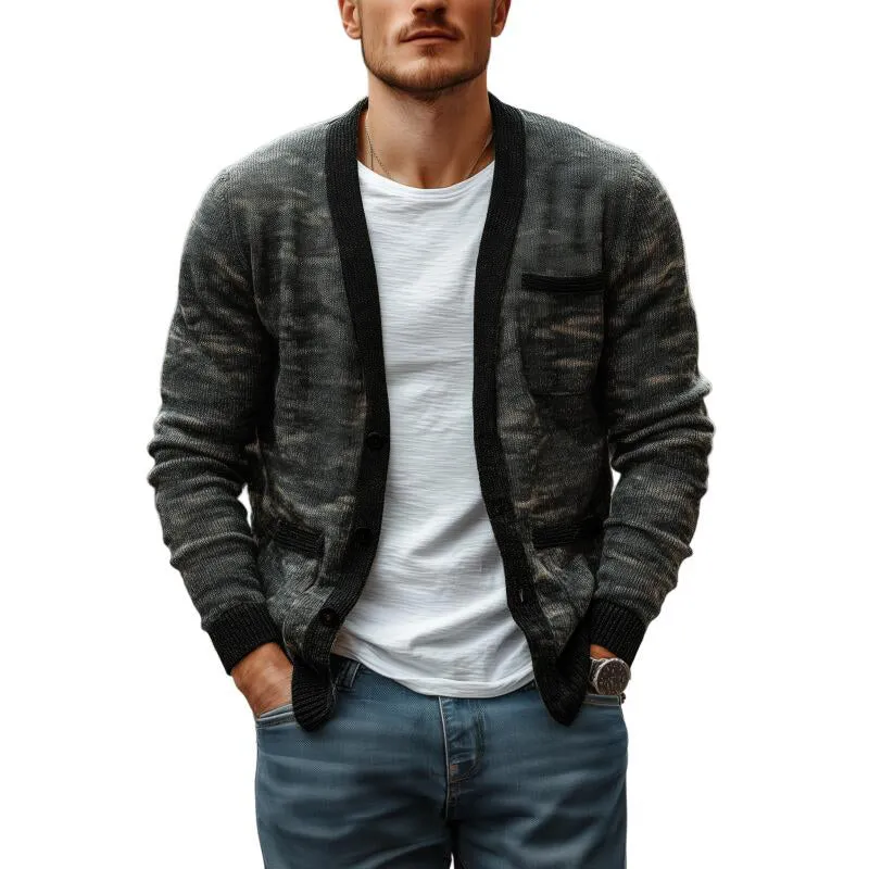 Men's Casual Camouflage Jacquard V-neck Single-breasted Slim Fit Knit Cardigan MTA2162H8M sold by Manly