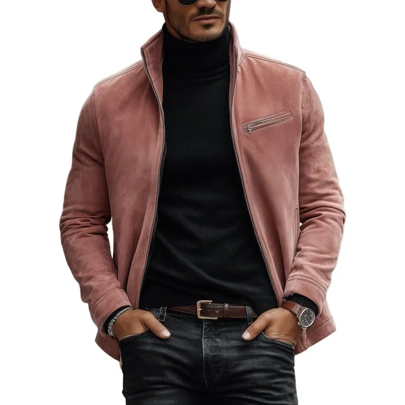 Men's Vintage Solid Color Faux Suede Stand Collar Zipper Placket Loose Jacket MTA2115H7M sold by Manly