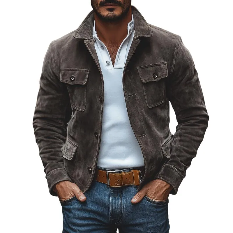 Men's Vintage Solid Color Faux Suede Lapel Single-Breasted Slim Fit Multi-Pocket Work Jacket MTA2183H5M sold by Manly