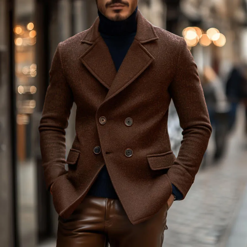 Men's Vintage Solid Color Twill Wool Blend Notch Lapel Double-breasted Slim Fit Warm Peacoat MTA2165H8M sold by Manly product image thumbnail 2