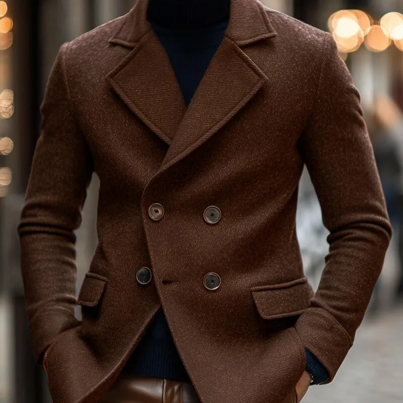 Men's Vintage Solid Color Twill Wool Blend Notch Lapel Double-breasted Slim Fit Warm Peacoat MTA2165H8M sold by Manly product image thumbnail 3