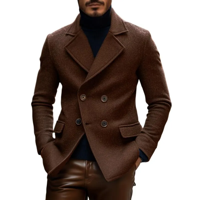 Men's Vintage Solid Color Twill Wool Blend Notch Lapel Double-breasted Slim Fit Warm Peacoat MTA2165H8M sold by Manly